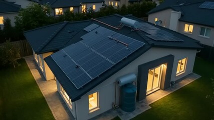 Modern home with solar panels at dusk, showcasing energy efficiency in a suburban neighborhood - Powered by Adobe