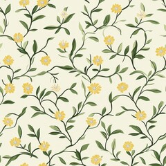 Seamless Floral Pattern with Yellow Flowers and Green Leaves on Cream Background.