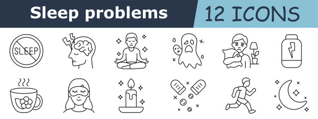 Sleep problems set icon. No sleep sign, brain activity, meditating person, ghost fear, sad man with pillow, energy loss, herbal tea, sleep mask, candle, sleeping pills, night run, moon with stars