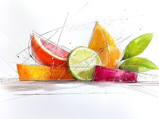 Vibrant Watercolor Composition of Citrus Fruit Slices and Leaves