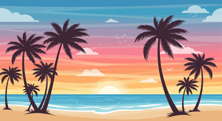 Obraz premium Vector illustration of a tropical beach during sunset with silhouettes of palm trees, vibrant sky gradients, calm ocean waves, and sandy shoreline. 