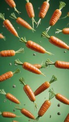 Cut carrot flies in zero gravity on a green background