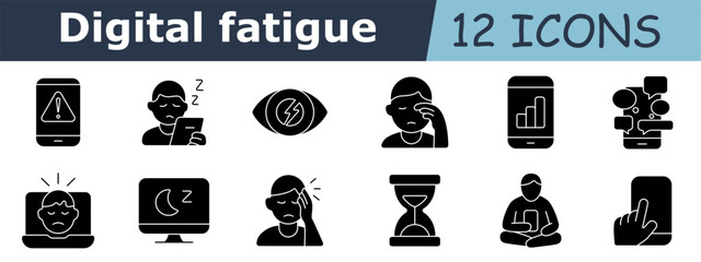 Digital fatigue set icon. Phone alert, sleepy person, eye pain, screen tiredness, data graph, notifications, sad face on laptop, moon monitor, headache, hourglass, meditation, finger on screen