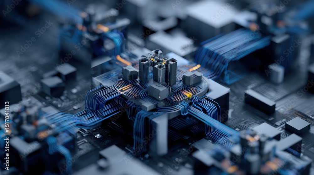 Poster A computer chip is shown in a close up with many wires and circuits