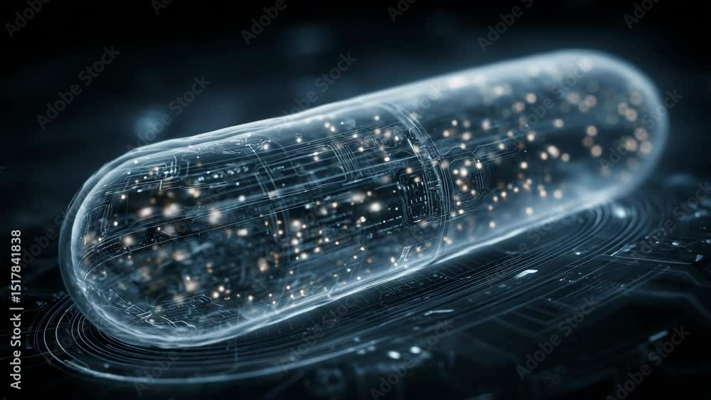 Poster transparent pill with glowing particles and circuitry inside, resting on a dark, futuristic circuit 