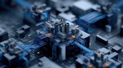A computer chip is shown in a close up with many wires and circuits