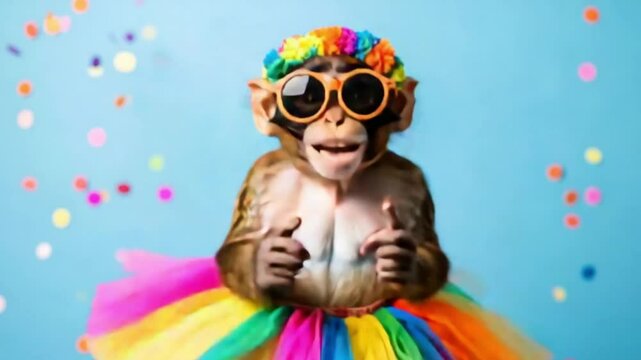 Festive monkey in tutu, sunglasses, and flower crown poses against confetti backdrop