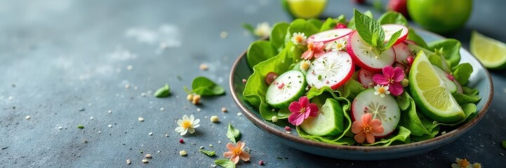 Crunchy cucumber radish salad on gray textured surface with fresh flowers and lime wedges , still life, freshness, texture