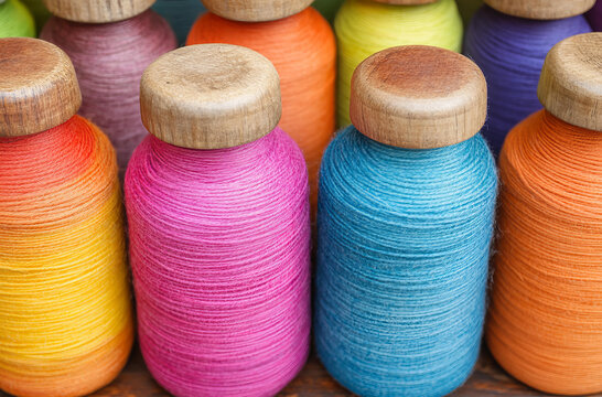 Colorful spools of thread aligned in a textile factory ready for use in industrial fabric or sewing production