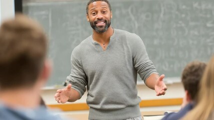 Lecturer Inspiring Students: A captivating professor, radiating intelligence and passion, delivers a lecture, engaging the audience in a university classroom. - Powered by Adobe