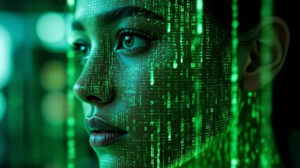 Black Woman Female It Specialist Face With Artificial Intelligence Green Virtual Code. 4k video - Powered by Adobe