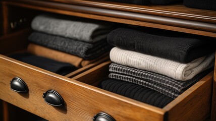 A drawer holds neatly folded sweaters of various colors, showing a cozy, organized space.