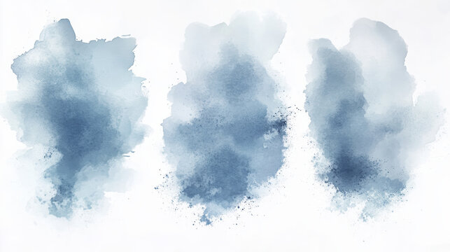 Three blue watercolor stains are isolated and bleed into the white transparent background