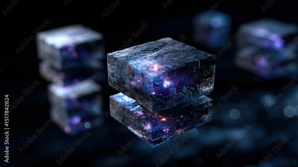 Poster a cube with a blue and purple color is floating in the air
