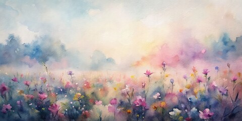 Pastel Watercolor Flower Field, Minimalist Blossom Art, Soft Floral Background, High Depth of Field