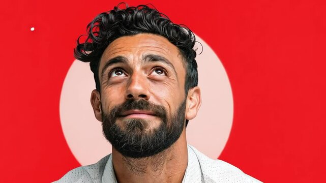The Gaze of Contemplation: A man's upward gaze is captured against a bright red background, evoking a sense of thought and reverie. His expression of curiosity suggests a moment of deep contemplation.