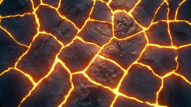 Fiery Lava Cracks Glowing in Dark Volcanic Rock