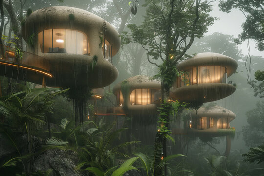 Futuristic treehouse village nestled in rainforest canopy, blending modern architecture with lush, natural living.