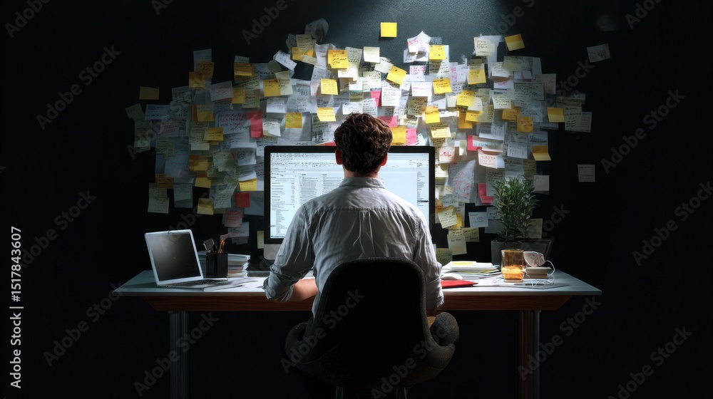 Aufkleber A man sits at a desk with a computer monitor and a stack of sticky notes