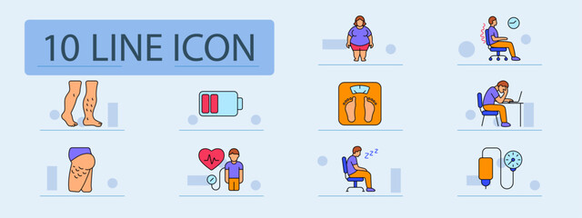 Obesity problem set icon. Varicose legs, overweight woman, posture issue, low energy, body weight scale, work fatigue, cellulite, heart check, sleeping man, blood pressure monitor