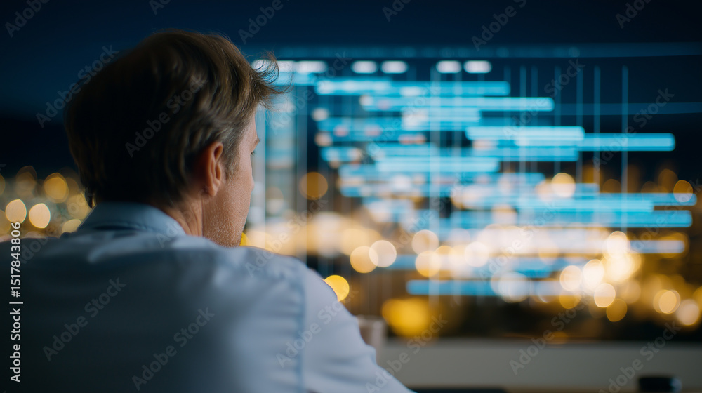 Poster project manager using software to track business plan schedule