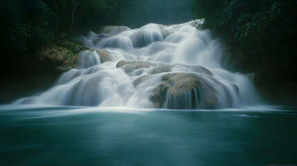 Majestic Waterfall Cascading Over Rocks In Lush Green Forest