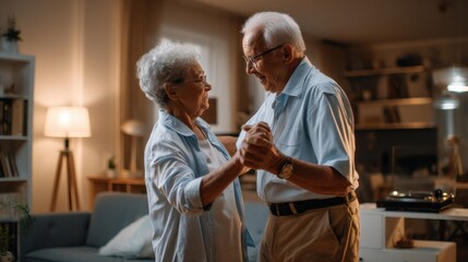 A couple of older people are dancing in a living room