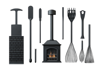 A cozy cast iron fireplace with crackling flames and essential hearth on transparent background