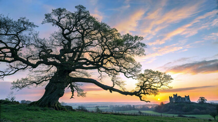 Obraz premium Ancient Tree at Sunset: A majestic, ancient tree silhouetted against a vibrant sunset, its gnarled branches reaching towards a sky ablaze with color, evokes a sense of timeless beauty and tranquility.