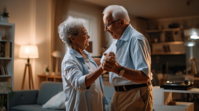 A couple of older people are dancing in a living room