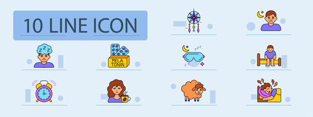 Insomnia set icon. Boy with brain cloud, melatonin pack, dreamcatcher, eye mask, tired man with moon, man on bed, alarm clock, coffee, sheep, pain in sleep