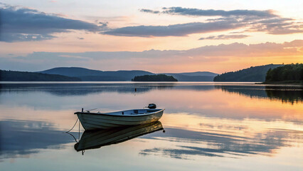 Obraz premium Serene Lakeside Sunset: Tranquil waters reflect the vibrant hues of a sunset, as a lone boat rests gently, capturing a sense of peace and calm in this scenic landscape.