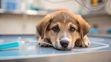 A sad puppy lies on a veterinary exam table with an IV catheter, looking directly at the camera.