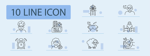 Sleep disorder set icon. Tired face, melatonin pills, dreamcatcher, insomnia, sleeping mask, alarm clock, morning coffee, sheep, restless sleep, fatigue, night, wellness.