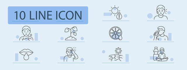 Dehydration set icon. Dry skin, wilted plant, sun, thirst, cracked soil, dry lips, sweating, citrus slice, fatigue, drinking, wellness, body imbalance, hydration issue.