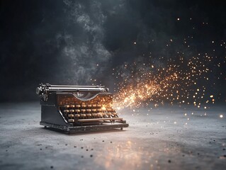 Vintage Typewriter with Glowing Light Beams and Sparks