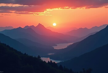 Obraz premium layered mountain silhouettes sunset view spectacular scenic landscape horizon tranquil beauty nature, sky, cloud, valley, terrain, panorama, peak, range, gorge