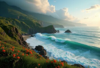 Obraz premium lush coastal cliffs dramatic ocean waves breathtaking seascape, shoreline, nature, landscape, rocky, water, marine, foam, crest, spray, horizon