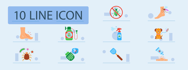 Fototapeta premium Insect protection set icon. Bite, repellent spray, no bug sign, mosquito, pet, chemical defense, anti-insect lotion, electric trap, swatter, ointment, skin irritation.