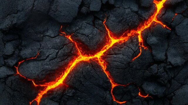Fiery Lava Cracks Glowing in Dark Volcanic Rock