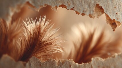 Macro Close-up of Soft Downy Feathers Through Torn Texture