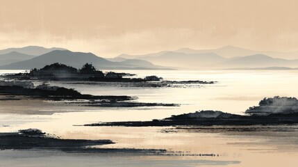 Serene Abstract Landscape with Mountains and Calm Water