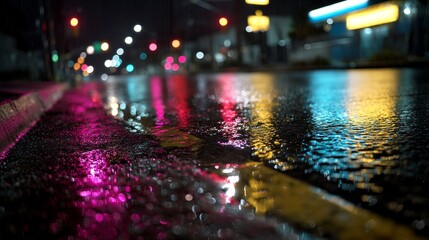 Rainy Night Street with Vibrant Light Reflections