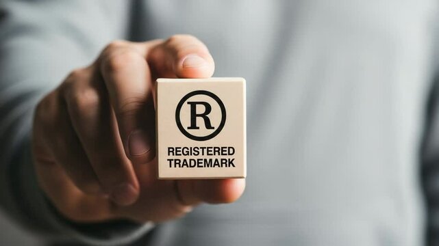 Hand holding a wooden block with registered trademark symbol close up studio shot for branding concept