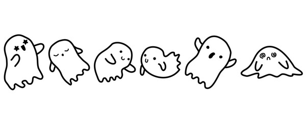 Doodle cute ghost set. Halloween cartoon little ghost in cute kawaii style. funny smiling samhain ghosts set, spirit and sweets on white background. trick or treat stock cartoon image.