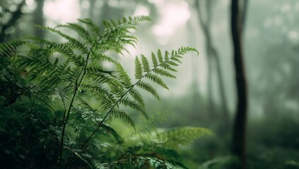 Obraz premium Lush Green Fern in Misty Forest