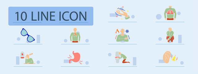 Health condition set icon. Hallucination, numb hand, lungs issue, depression, sickness, indigestion, vomiting, tinnitus, fatigue, confusion, pain, mental overload.