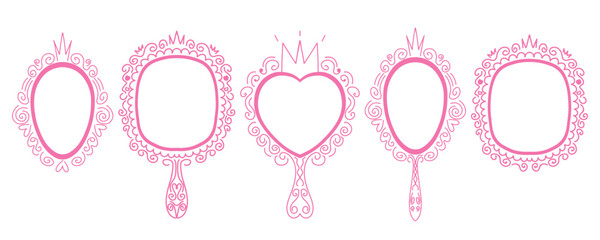 Princess crown pink mirror frame set. Hand drawn doodle handle mirror with crown for girl baby princess decorate border. Vector sketch illustration isolated on white background.