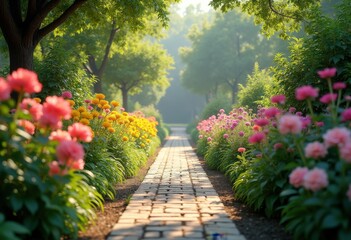lush garden pathways framed vibrant seasonal blooms colorful floral landscape nature serenity, flowers, greenery, ornamental, spring, summer, dahlia, rose