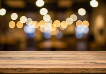 Warm Rustic Wooden Tabletop Against Blurred Festive Lights Background Ideal for Product Displays Restaurant Menus and Seasonal Promotions